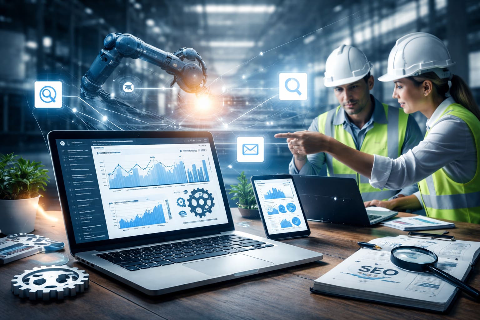 Equipo de profesionales del sector industria e ingeniería analizando datos y estrategia digital en un entorno industrial moderno