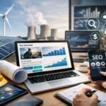 Profesional del sector instalaciones técnicas y energía revisando una estrategia de marketing digital en un entorno de trabajo técnico y tecnológico.