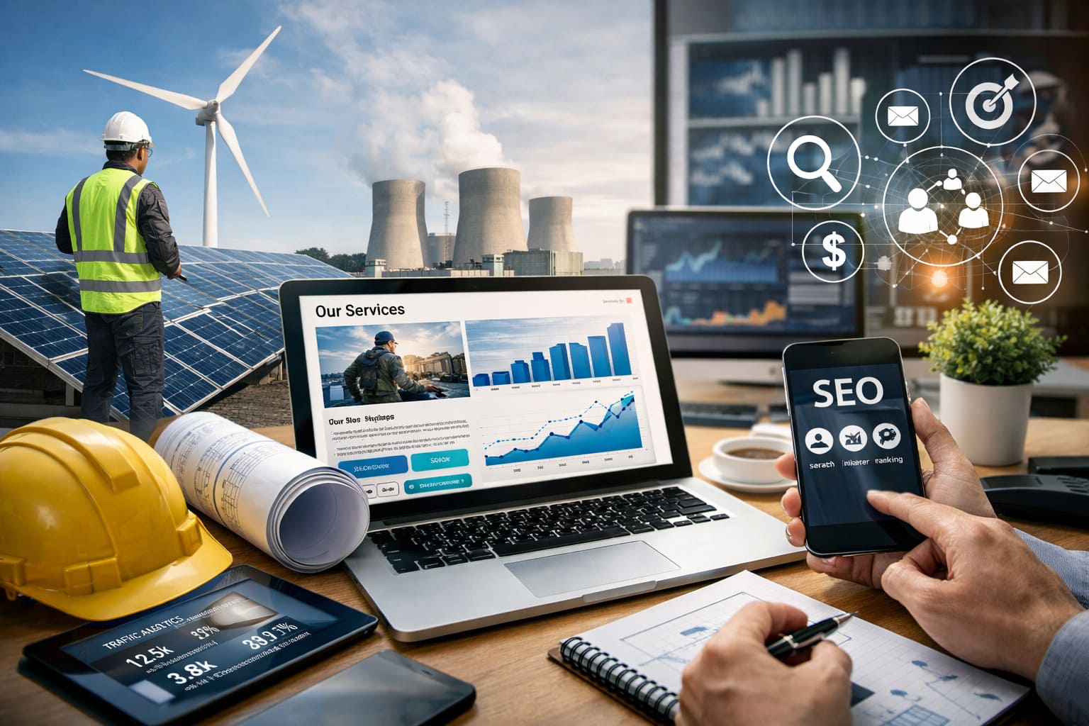 Profesional del sector instalaciones técnicas y energía revisando una estrategia de marketing digital en un entorno de trabajo técnico y tecnológico.