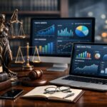 Despacho jurídico moderno con elementos legales y herramientas de análisis digital, representando marketing digital para el sector jurídico.