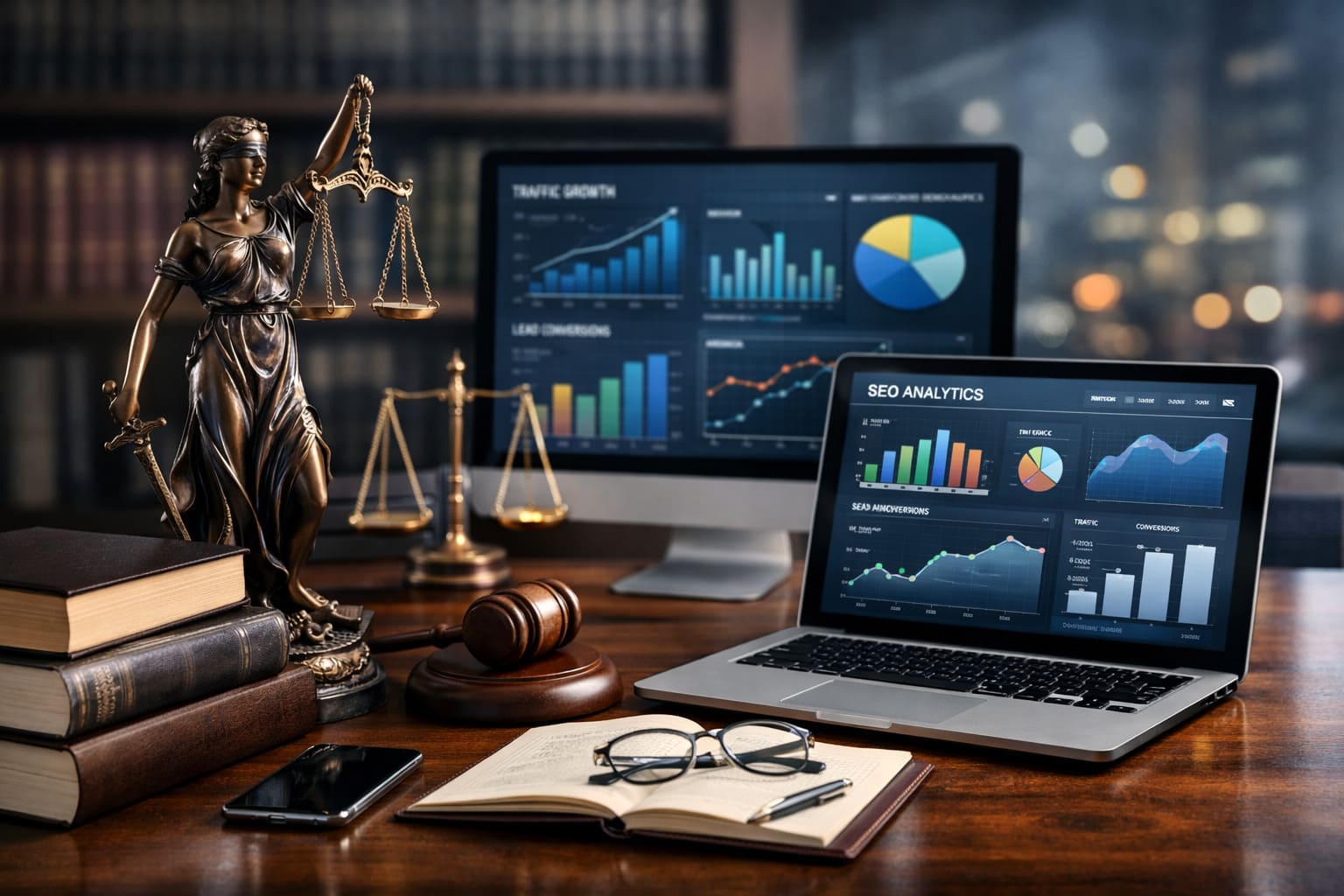 Despacho jurídico moderno con elementos legales y herramientas de análisis digital, representando marketing digital para el sector jurídico.