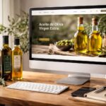 Espacio de trabajo con ordenador mostrando una web de aceite de oliva, botellas de aceite y elementos visuales del sector oleícola orientados al marketing digital.