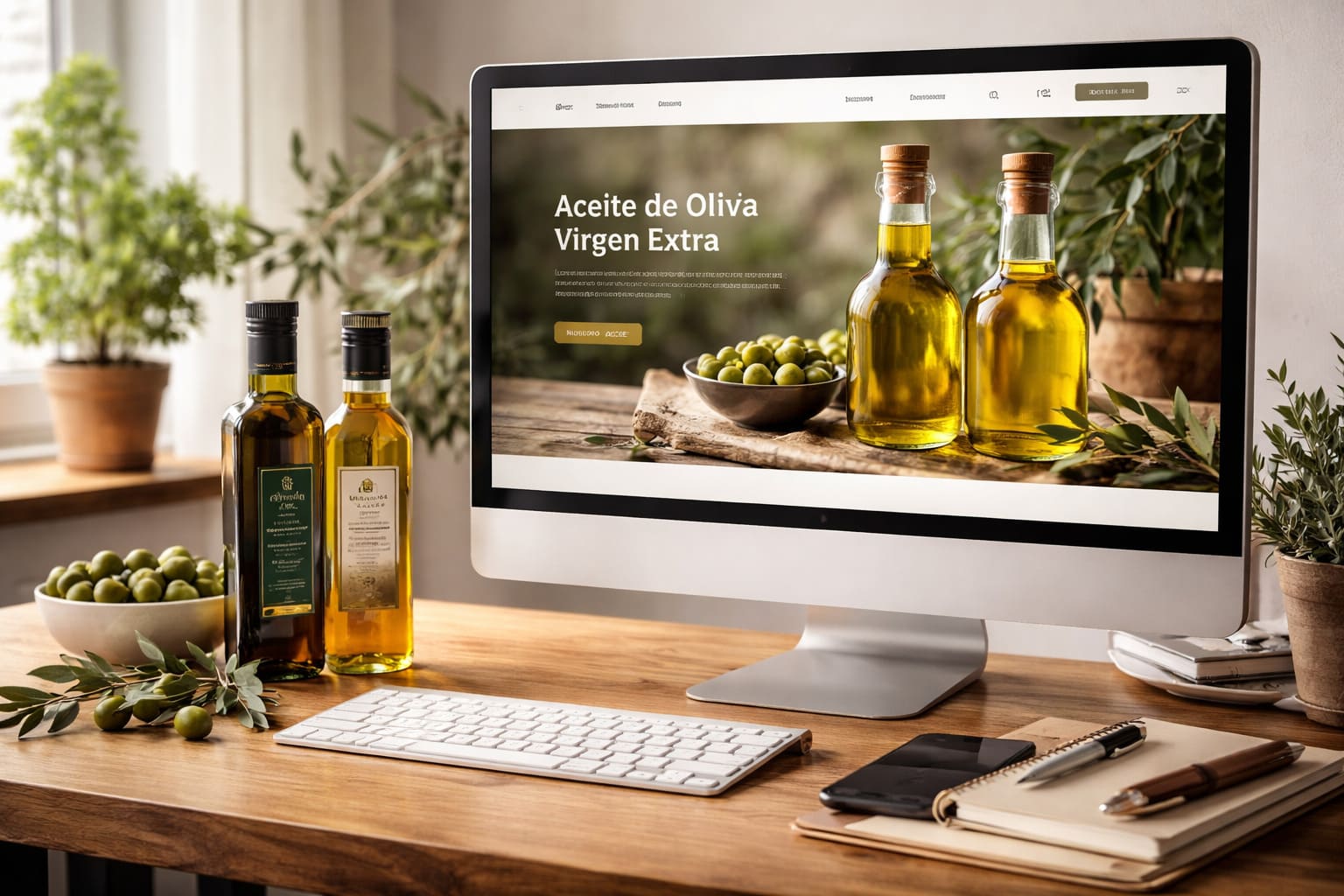 Espacio de trabajo con ordenador mostrando una web de aceite de oliva, botellas de aceite y elementos visuales del sector oleícola orientados al marketing digital.