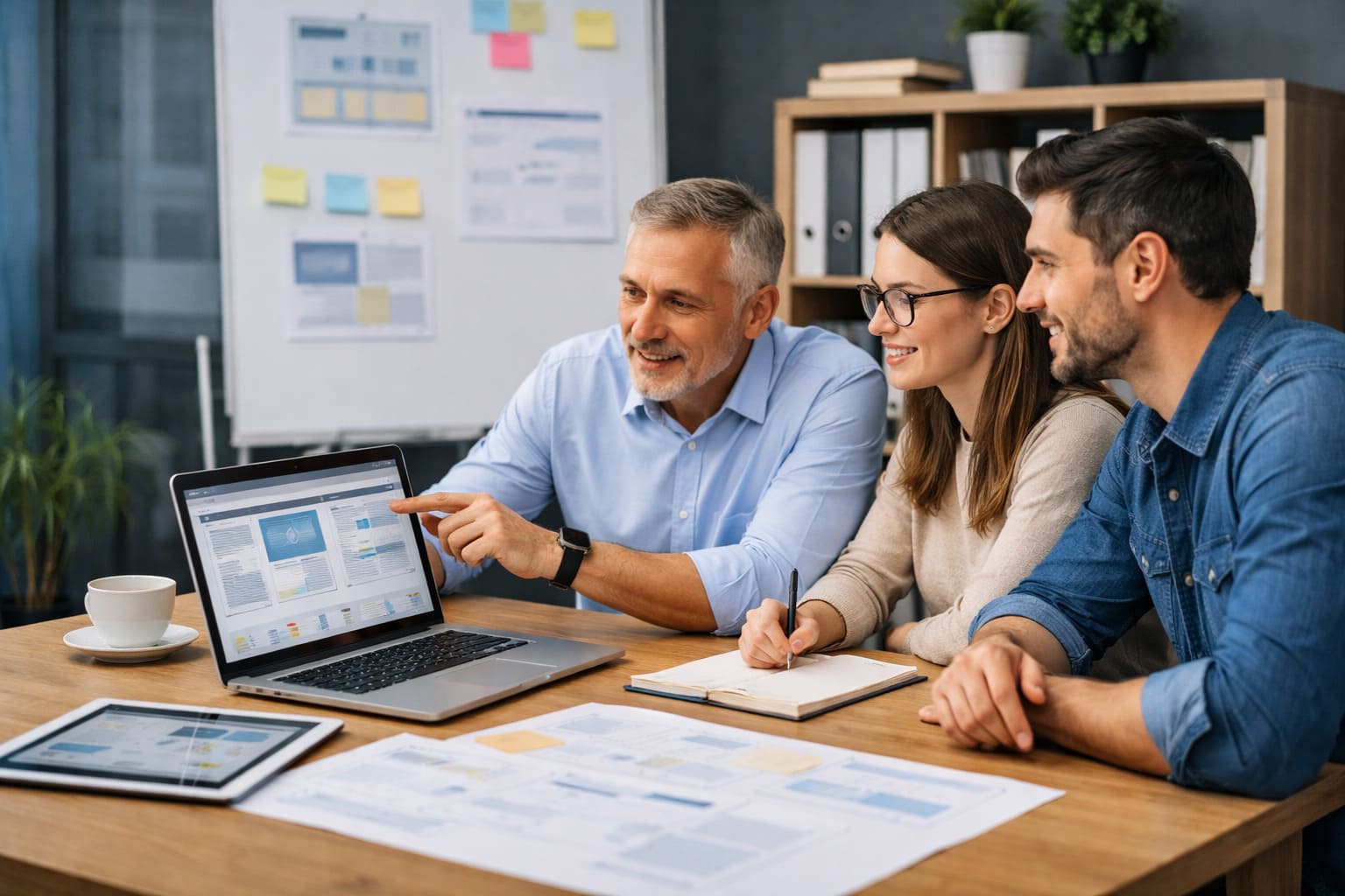 Equipo profesional de una entidad del sector público y asociaciones trabajando el diseño web y la estrategia de marketing digital en una oficina.
