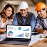 Profesionales del sector reformas y construcción analizando una estrategia de marketing digital frente a un ordenador en una obra