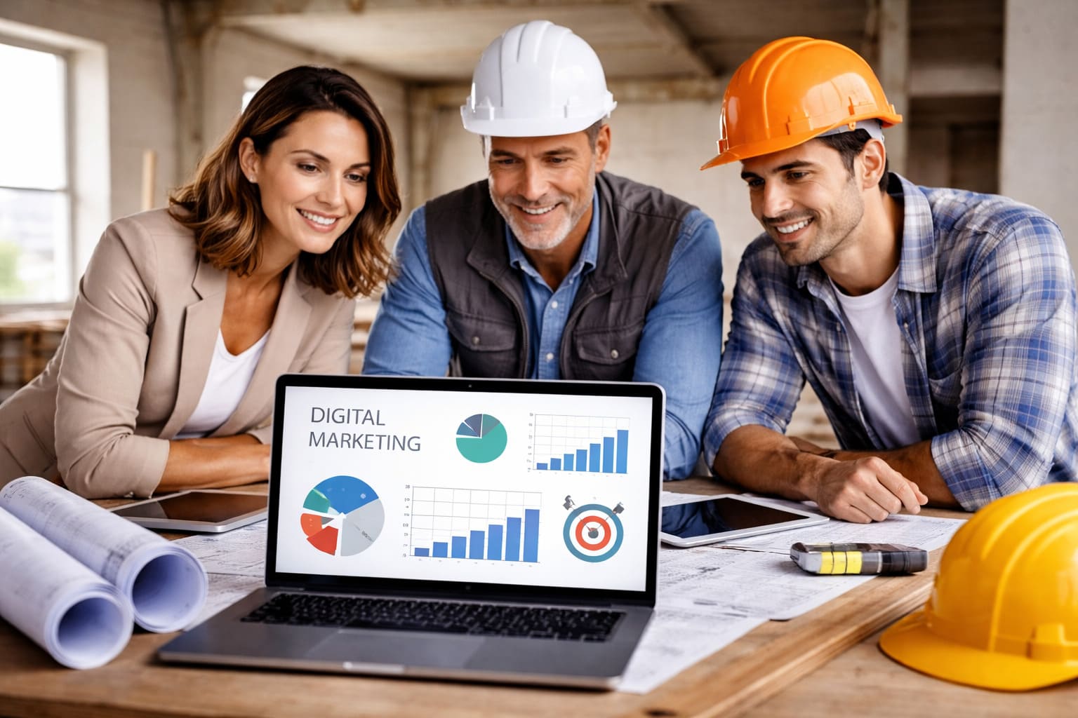 Profesionales del sector reformas y construcción analizando una estrategia de marketing digital frente a un ordenador en una obra