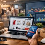 Profesional del sector retail y ecommerce analizando ventas online y estrategia de marketing digital en una tienda moderna