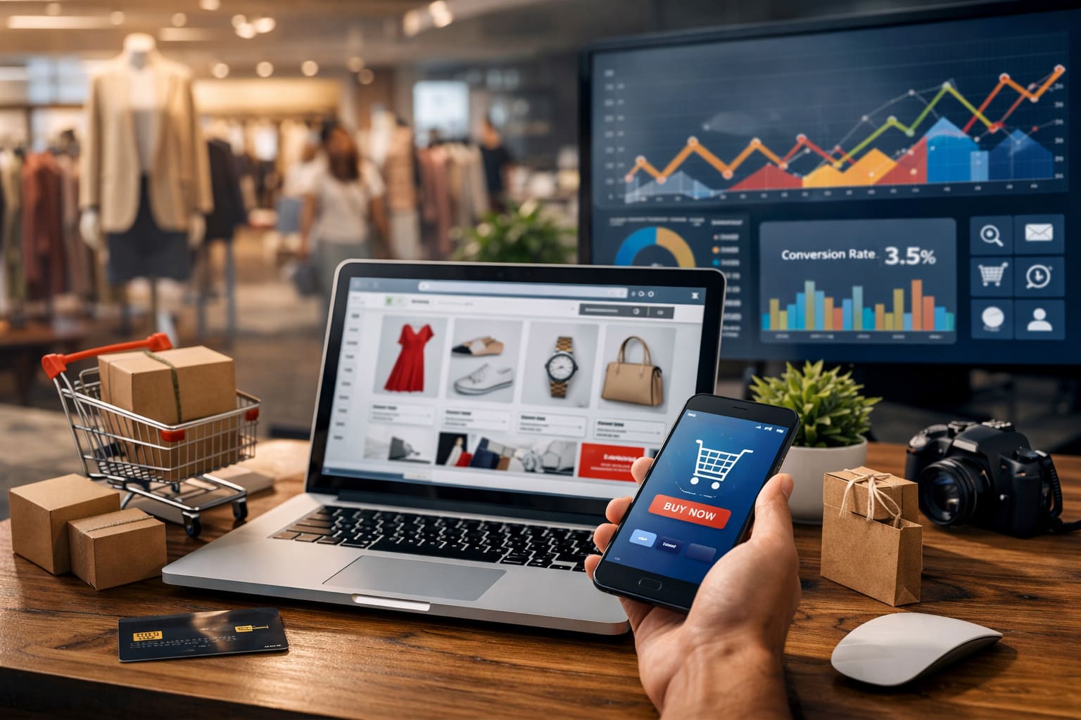 Profesional del sector retail y ecommerce analizando ventas online y estrategia de marketing digital en una tienda moderna