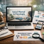 Profesional de salud mental trabajando su estrategia de marketing digital y diseño web en un entorno terapéutico moderno y profesional.