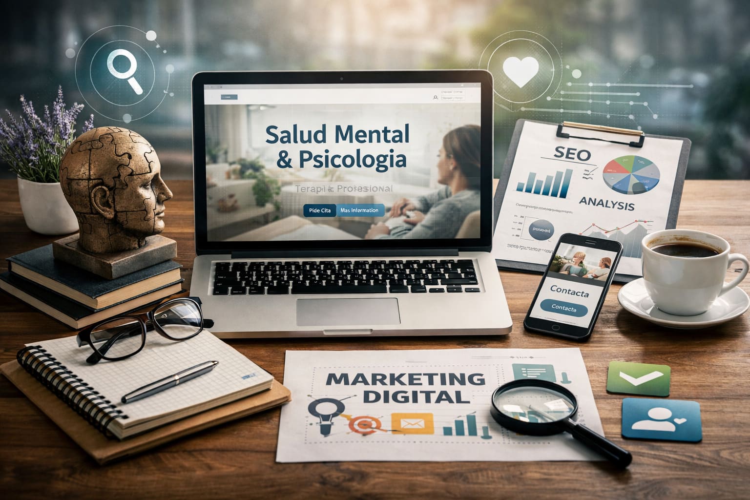 Profesional de salud mental trabajando su estrategia de marketing digital y diseño web en un entorno terapéutico moderno y profesional.