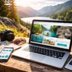 Profesionales de turismo activo planificando su estrategia de marketing digital con portátil y entorno natural de aventura al fondo.