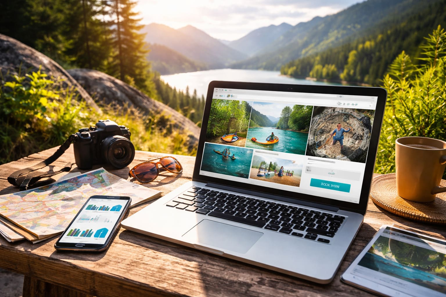 Profesionales de turismo activo planificando su estrategia de marketing digital con portátil y entorno natural de aventura al fondo.