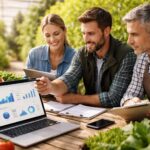 Equipo del sector agroalimentario analizando una estrategia de SEO y marketing digital en un entorno de producción agrícola.