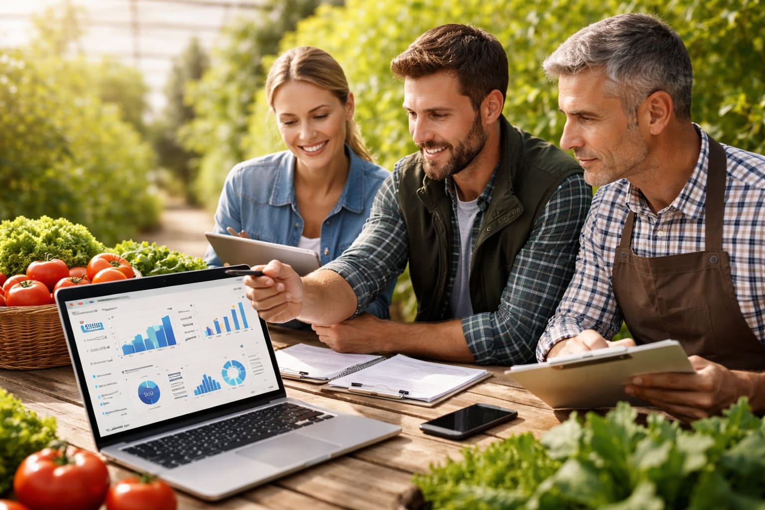 Equipo del sector agroalimentario analizando una estrategia de SEO y marketing digital en un entorno de producción agrícola.