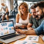 Equipo analizando una estrategia SEO para un negocio de bienestar, fitness y deporte en un entorno deportivo
