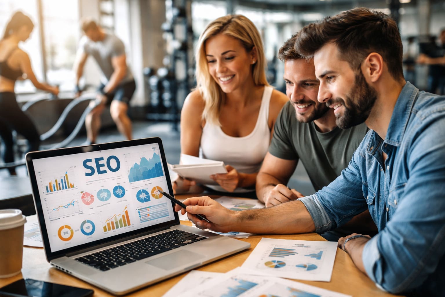 Equipo analizando una estrategia SEO para un negocio de bienestar, fitness y deporte en un entorno deportivo