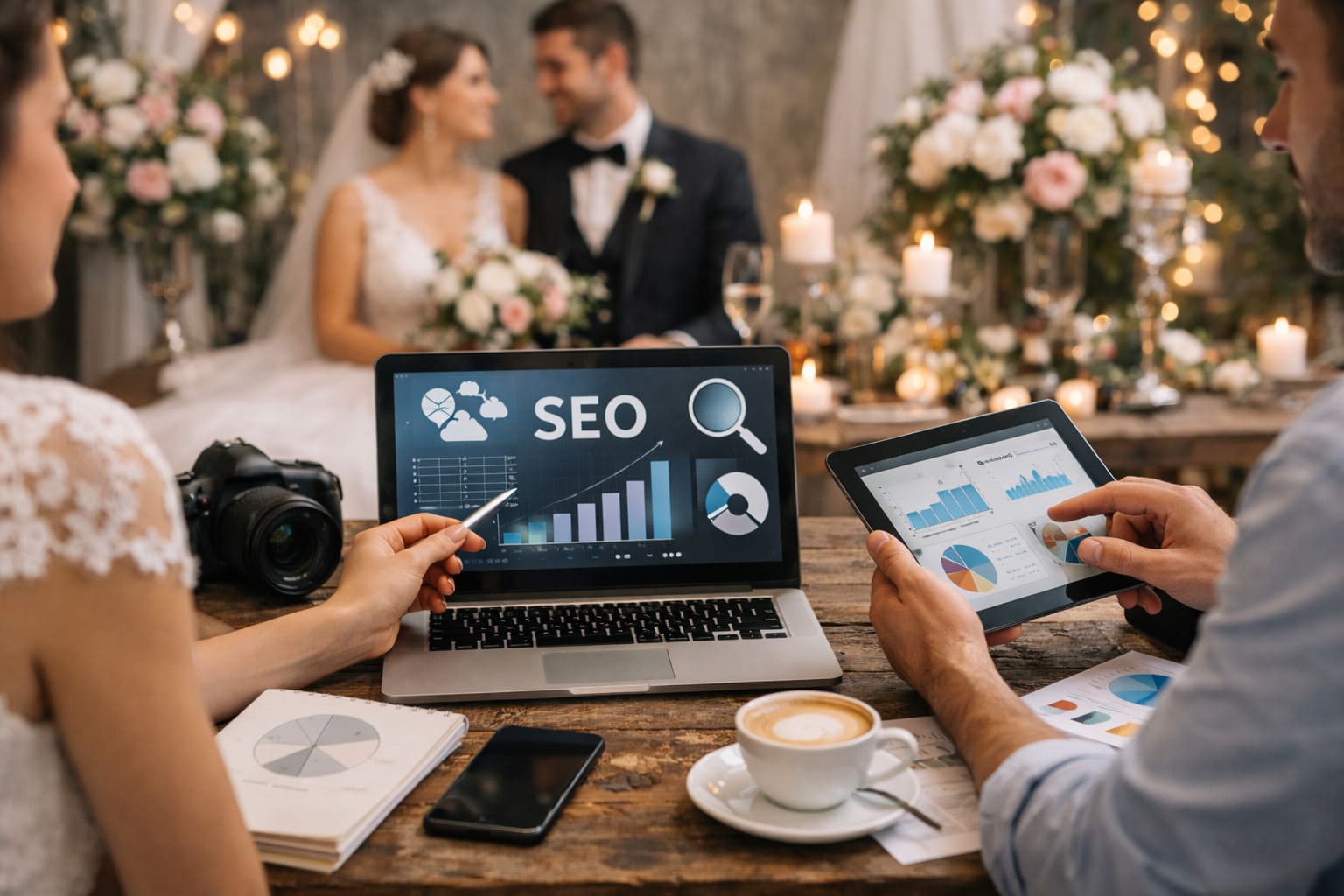 Profesionales del sector bodas y eventos trabajando una estrategia de SEO y marketing digital en un entorno elegante de celebración.