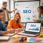 Equipo de comunicación y producción creativa trabajando una estrategia SEO en una oficina moderna con recursos visuales y enfoque de marketing digital.