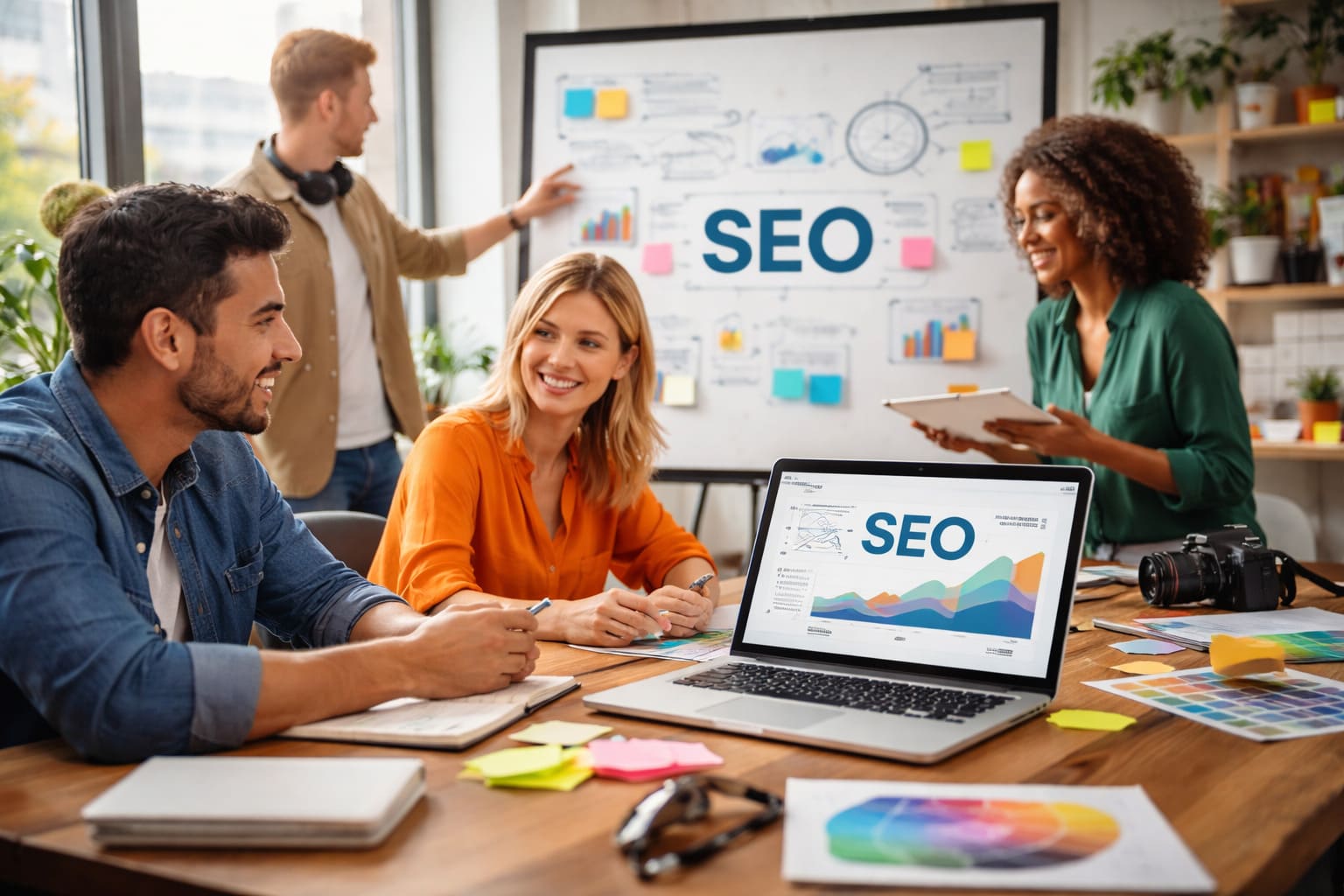 Equipo de comunicación y producción creativa trabajando una estrategia SEO en una oficina moderna con recursos visuales y enfoque de marketing digital.