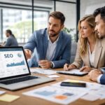 Equipo de consultoría y servicios empresariales analizando una estrategia de posicionamiento SEO y marketing digital en una oficina moderna