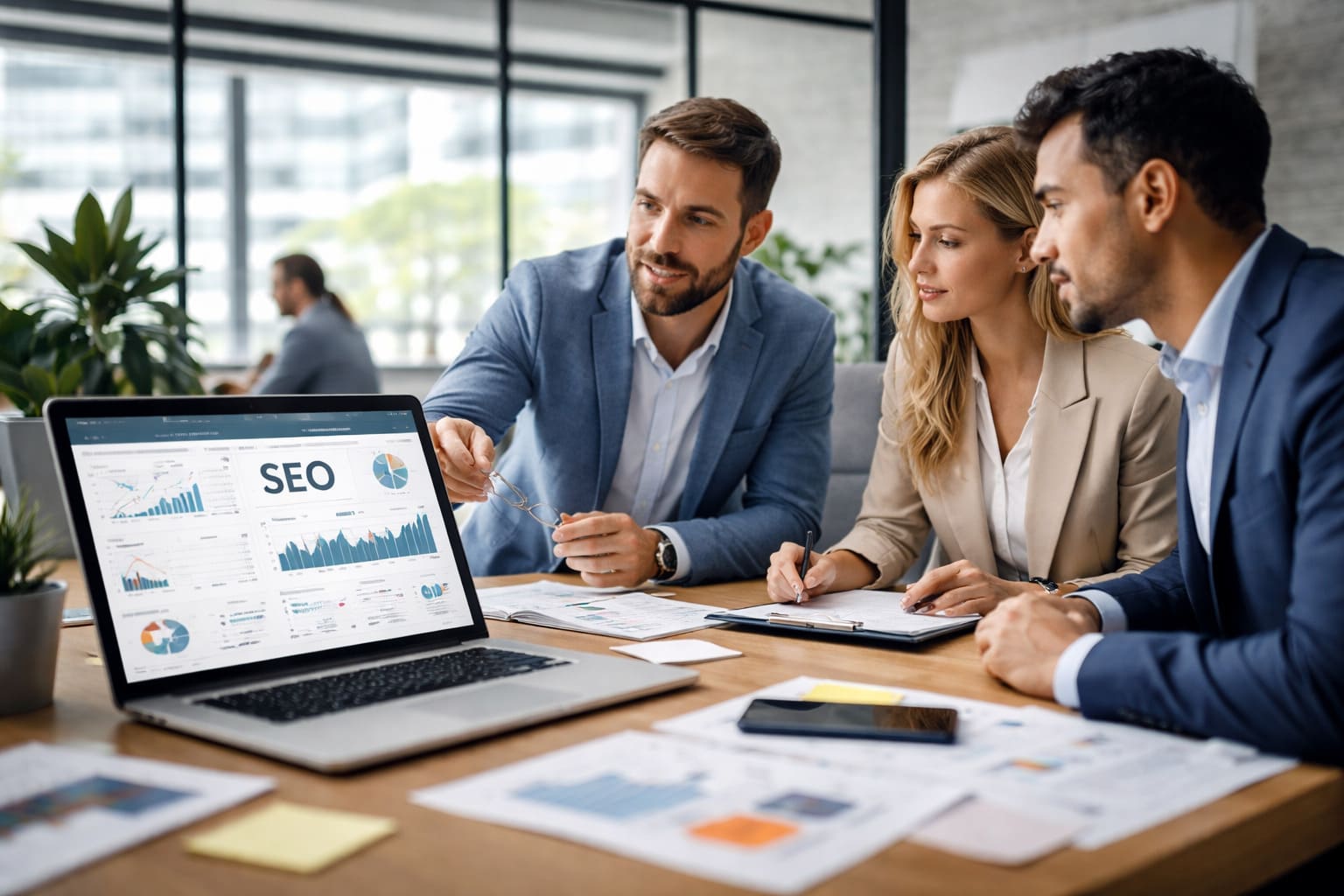 Equipo de consultoría y servicios empresariales analizando una estrategia de posicionamiento SEO y marketing digital en una oficina moderna