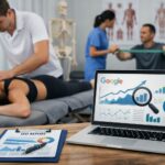 Profesional de fisioterapia atendiendo a una paciente en clínica de rehabilitación con un portátil mostrando analítica SEO y marketing digital