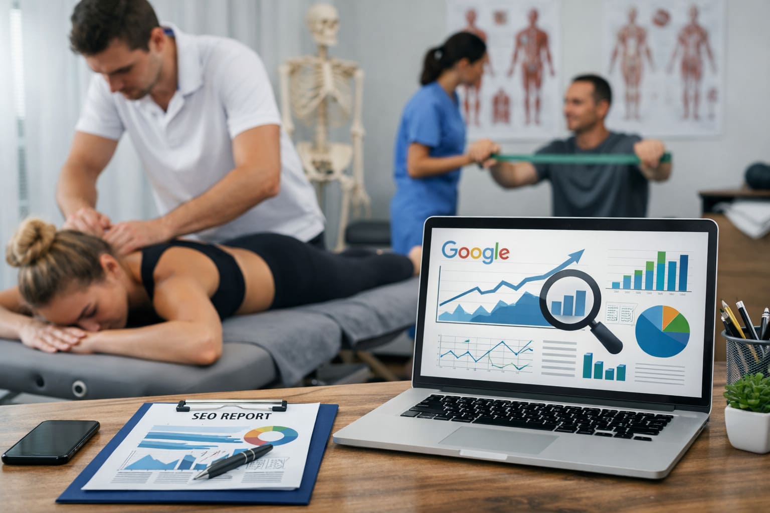 Profesional de fisioterapia atendiendo a una paciente en clínica de rehabilitación con un portátil mostrando analítica SEO y marketing digital