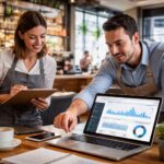 Profesionales de hostelería y restauración revisando una estrategia SEO y marketing digital en un restaurante moderno