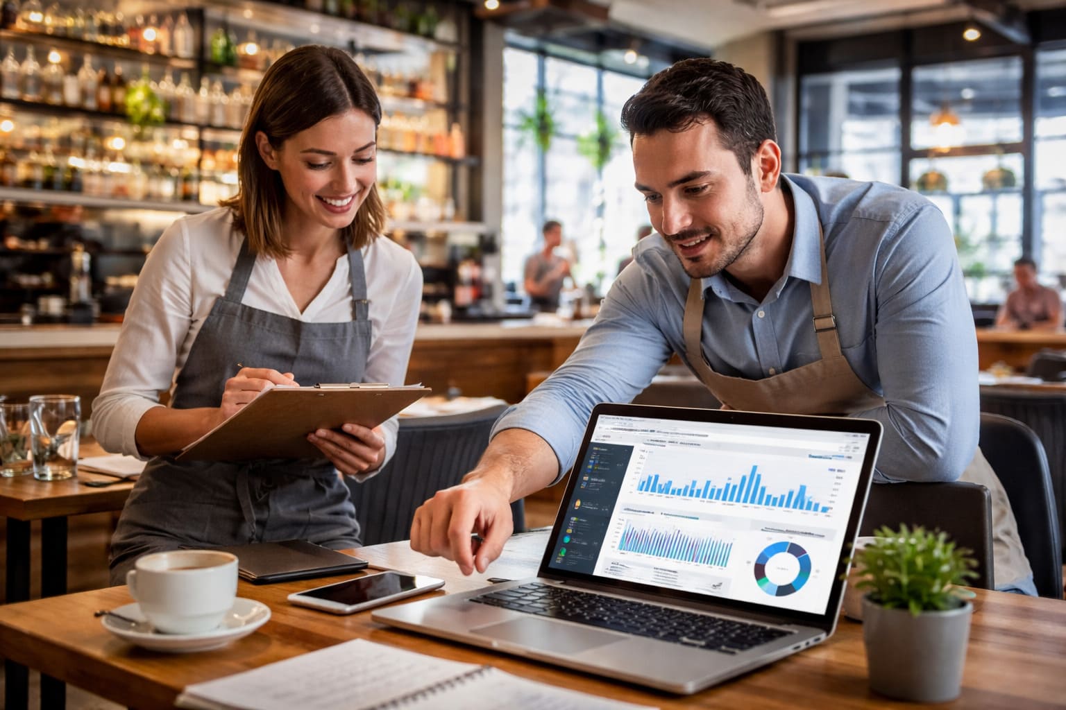 Profesionales de hostelería y restauración revisando una estrategia SEO y marketing digital en un restaurante moderno