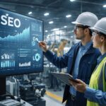 Profesionales del sector industria e ingeniería analizando datos de marketing digital en una fábrica moderna