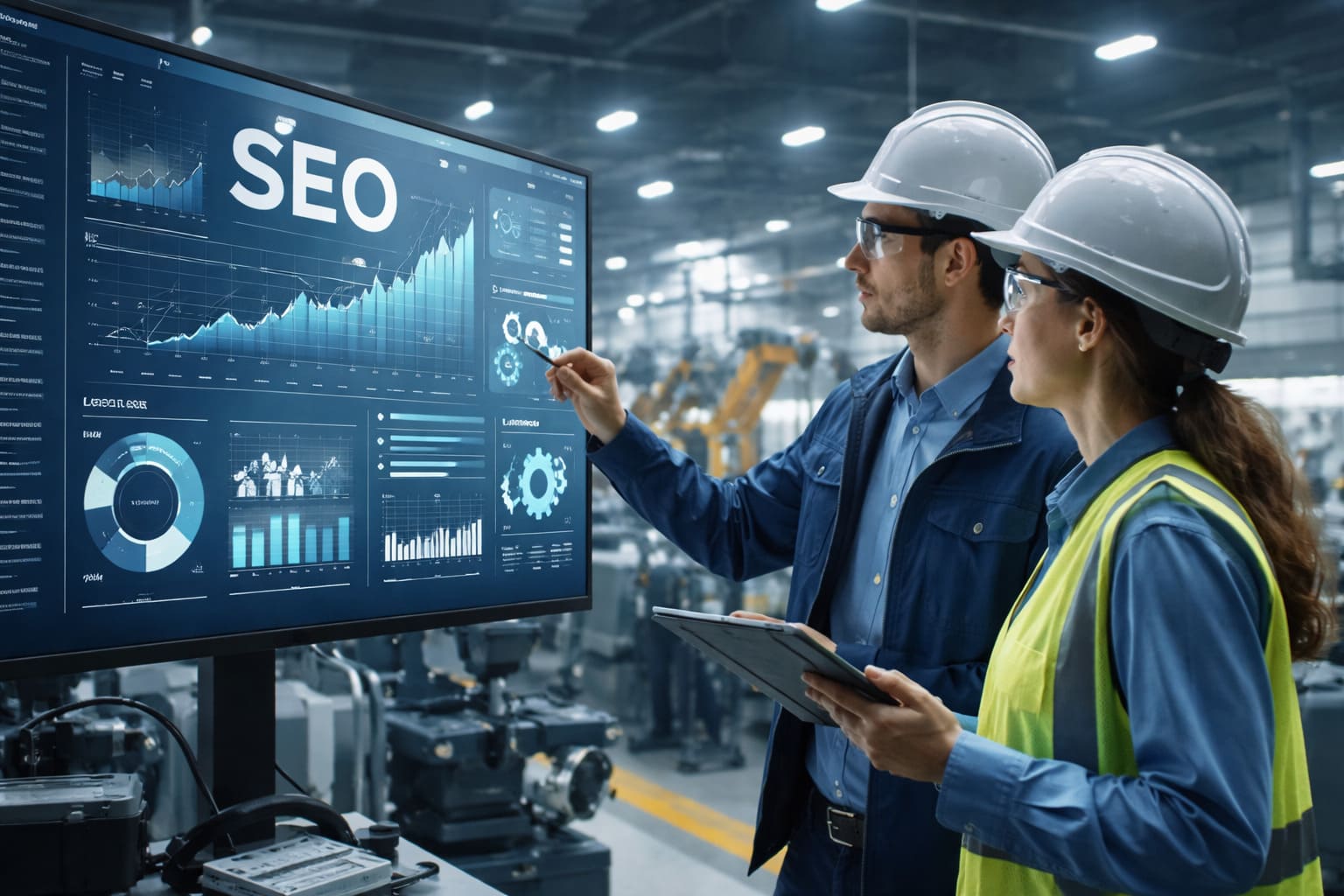 Profesionales del sector industria e ingeniería analizando datos de marketing digital en una fábrica moderna