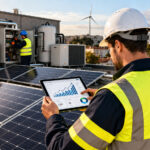 Técnico del sector instalaciones y energía revisando datos en una tablet junto a paneles solares y equipos técnicos en una cubierta urbana