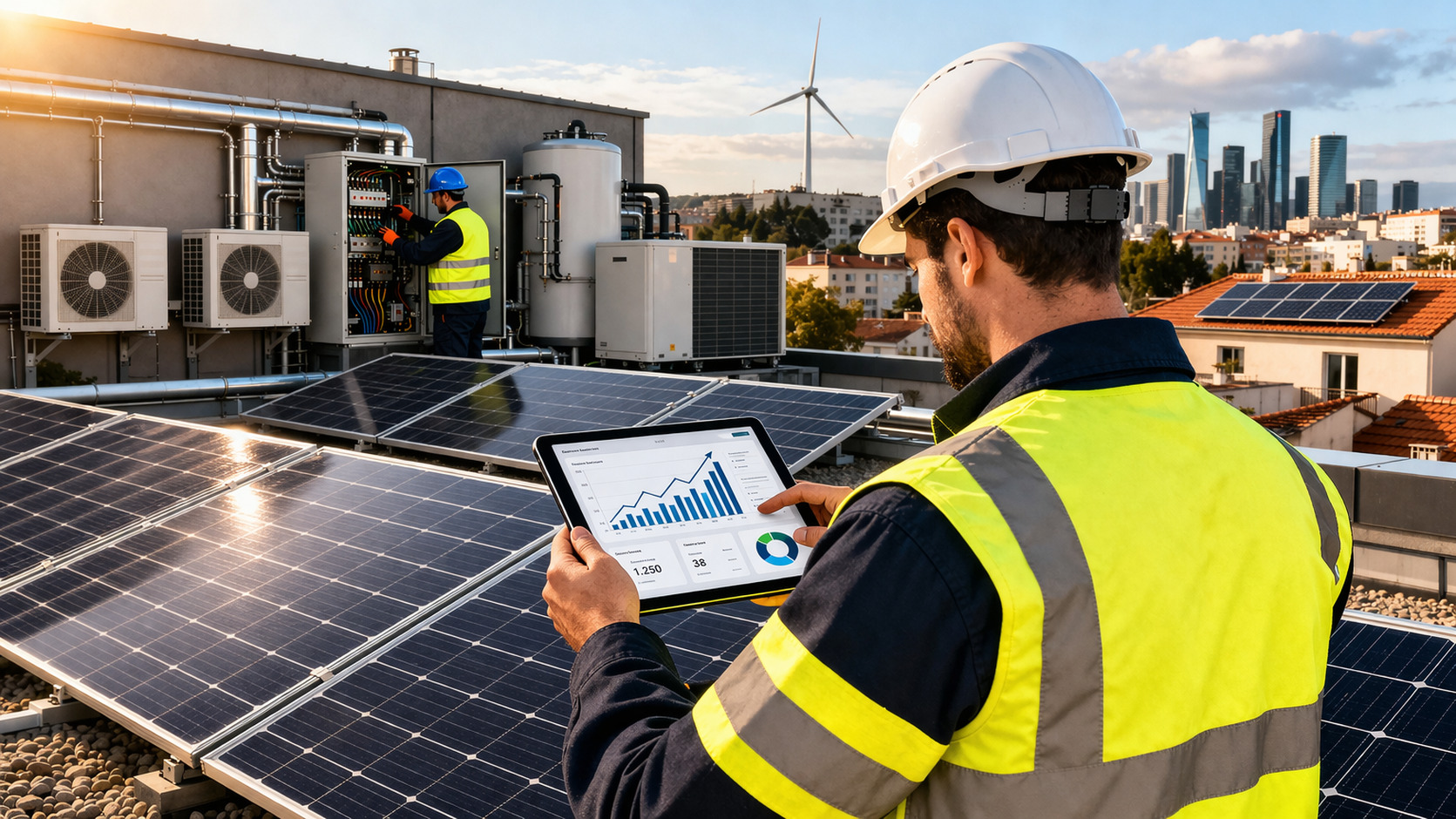 Técnico del sector instalaciones y energía revisando datos en una tablet junto a paneles solares y equipos técnicos en una cubierta urbana
