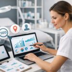 Profesional de medicina estética en una clínica moderna revisando la visibilidad online y la estrategia SEO del centro