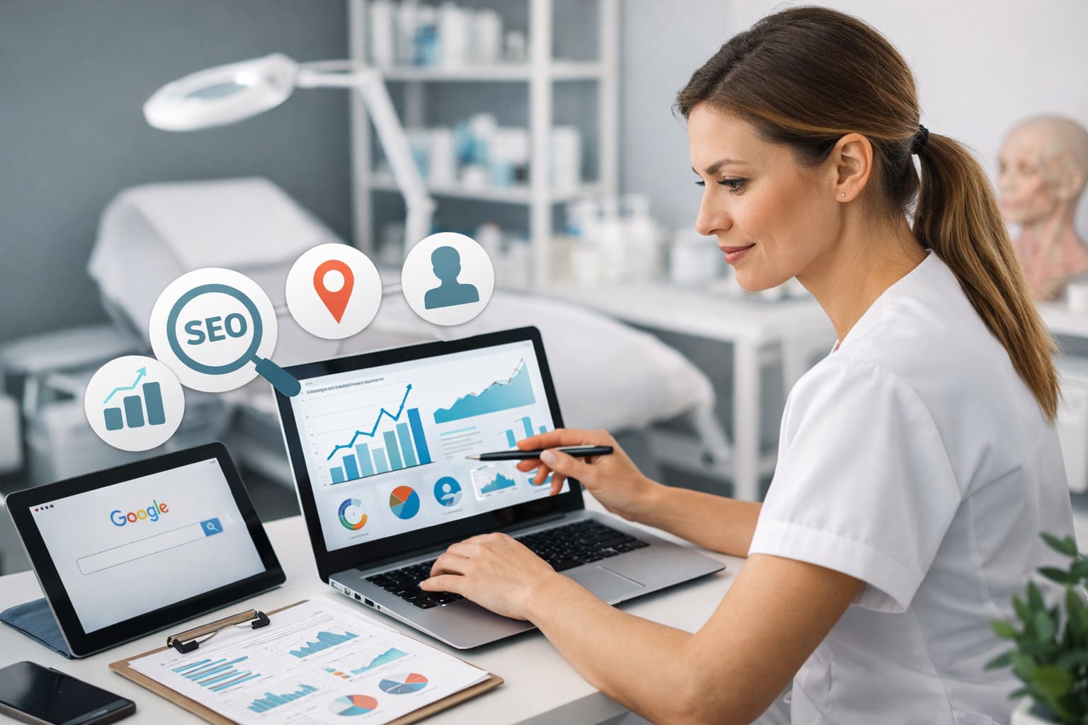 Profesional de medicina estética en una clínica moderna revisando la visibilidad online y la estrategia SEO del centro