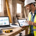 Profesional del sector reformas y construcción revisando una estrategia de marketing digital en una obra