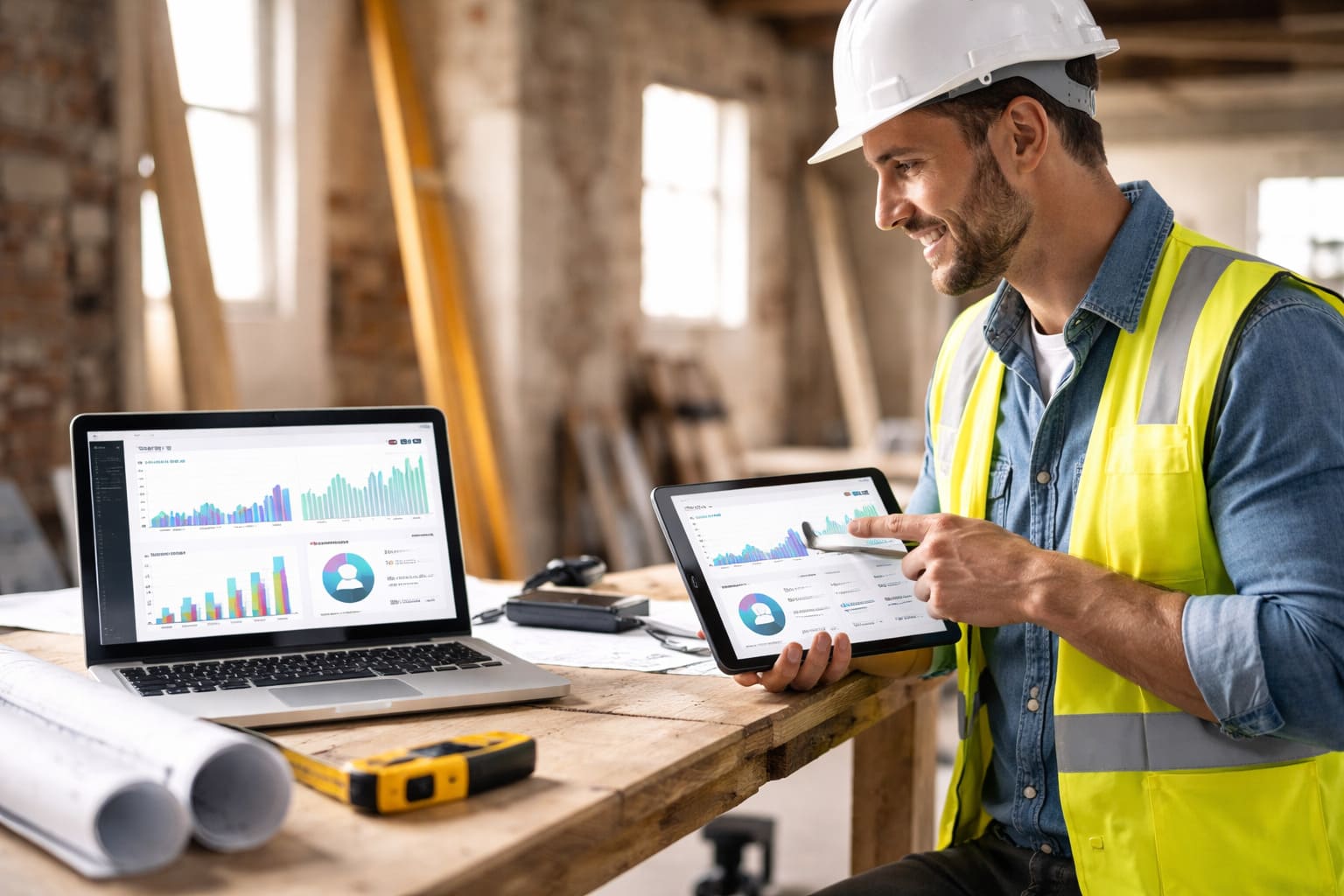 Profesional del sector reformas y construcción revisando una estrategia de marketing digital en una obra