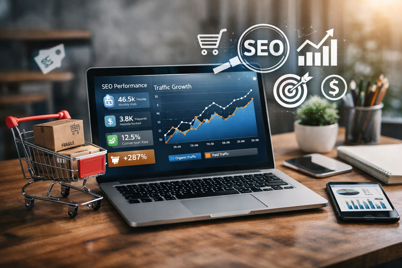 Profesional analizando datos de SEO para una empresa de retail y ecommerce en un entorno digital