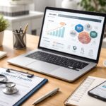 Espacio de trabajo de marketing digital orientado al sector de salud mental y psicología, con portátil mostrando métricas SEO y elementos clínicos en un entorno profesional