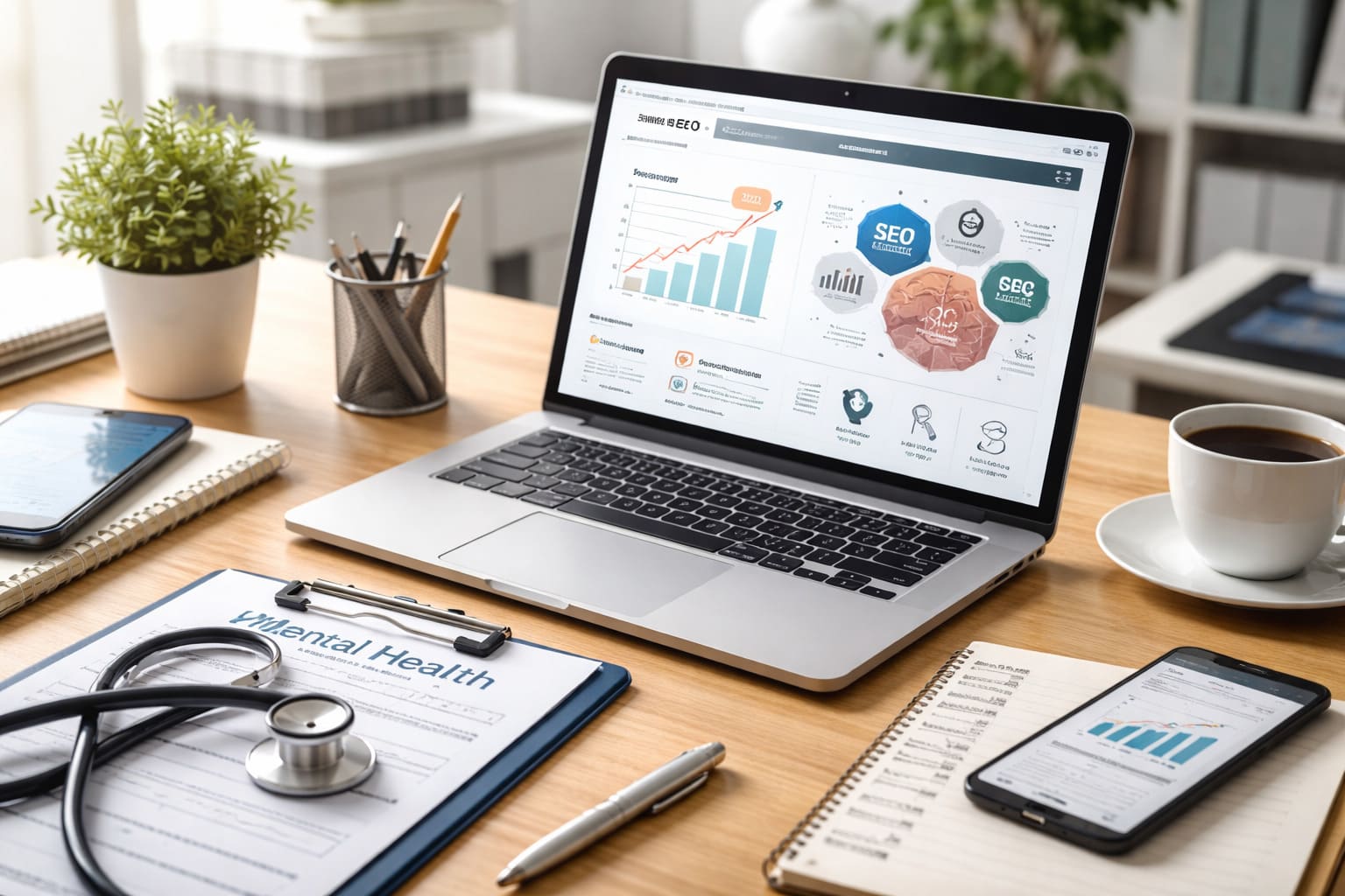 Espacio de trabajo de marketing digital orientado al sector de salud mental y psicología, con portátil mostrando métricas SEO y elementos clínicos en un entorno profesional