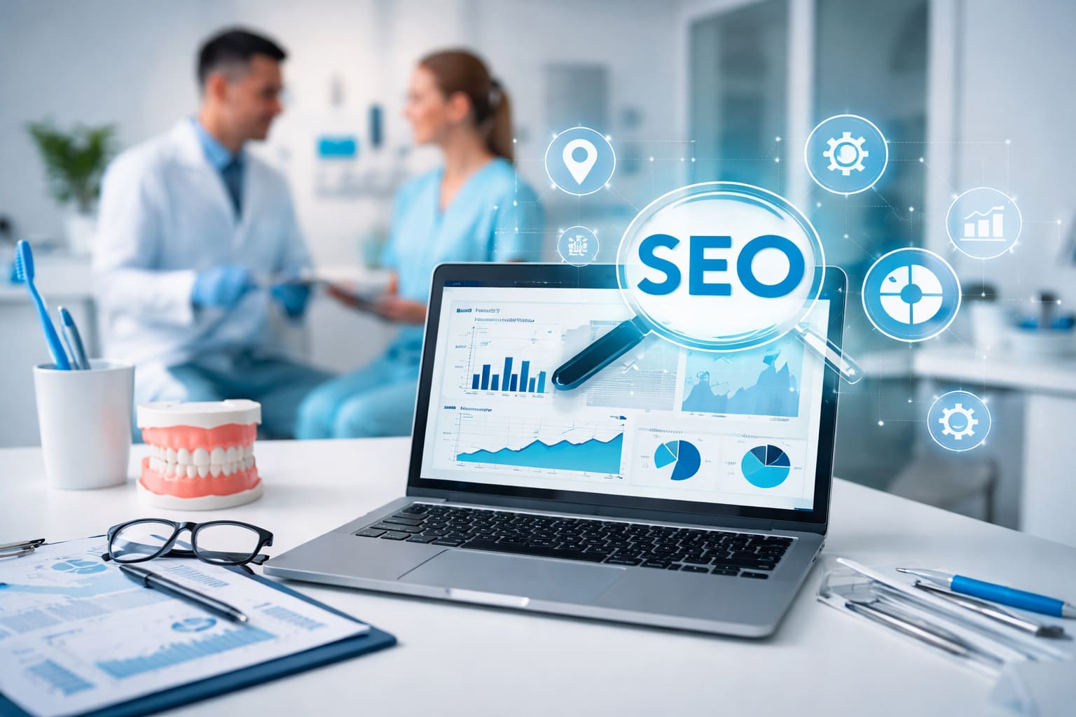 Profesionales del sector dental analizando una estrategia de posicionamiento SEO en una clínica moderna