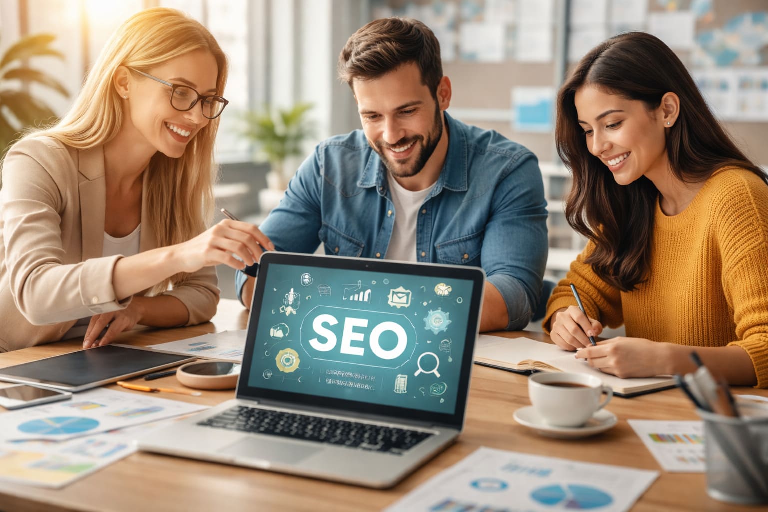Profesionales del sector educación y formación trabajando una estrategia de posicionamiento SEO y marketing digital en una oficina