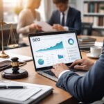 Profesional del sector jurídico analizando una estrategia SEO en una oficina moderna con portátil y documentación legal