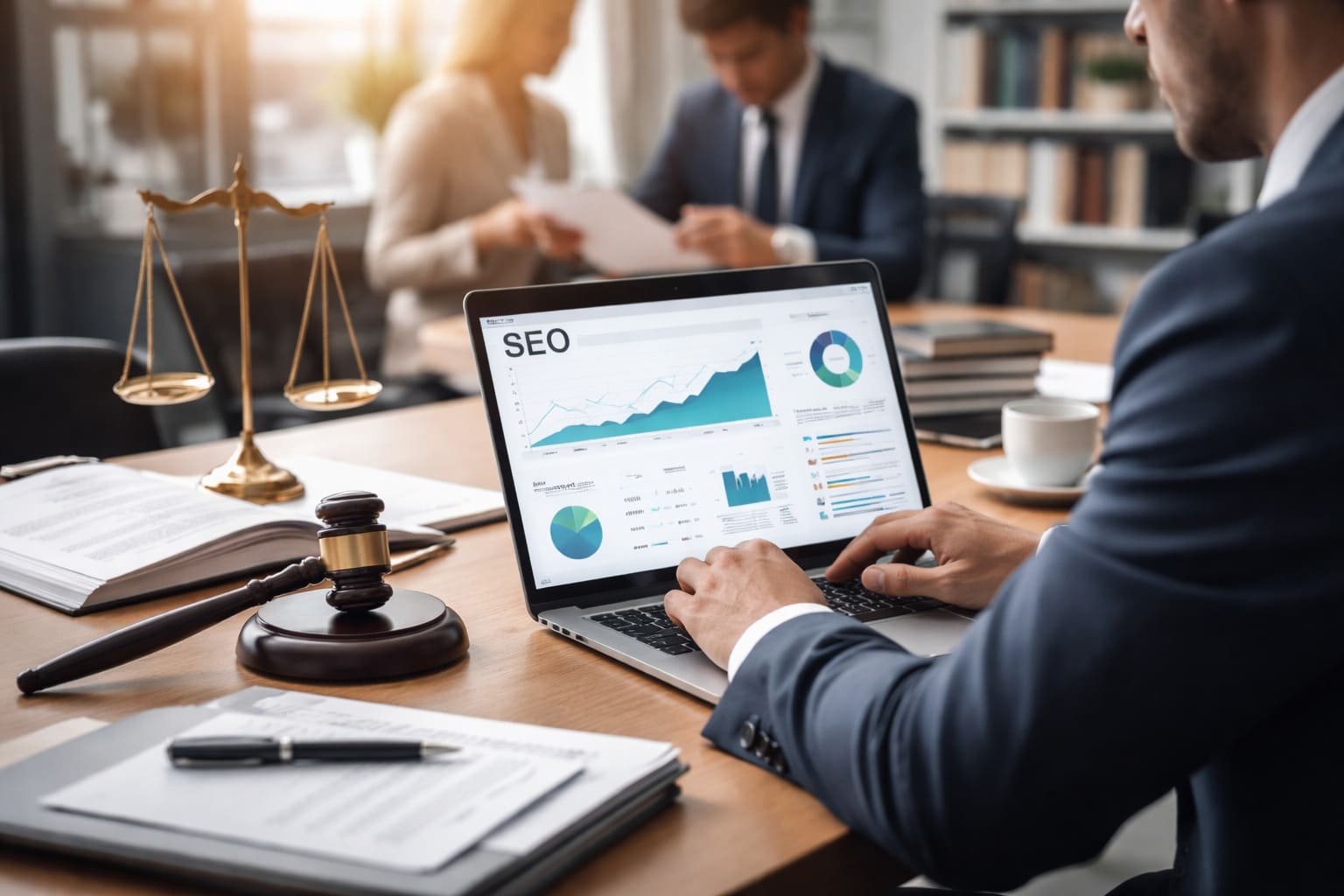 Profesional del sector jurídico analizando una estrategia SEO en una oficina moderna con portátil y documentación legal