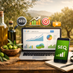 Imagen destacada sobre SEO para el sector oleícola, con botellas de aceite de oliva, aceitunas y dispositivos digitales en un entorno de olivar.