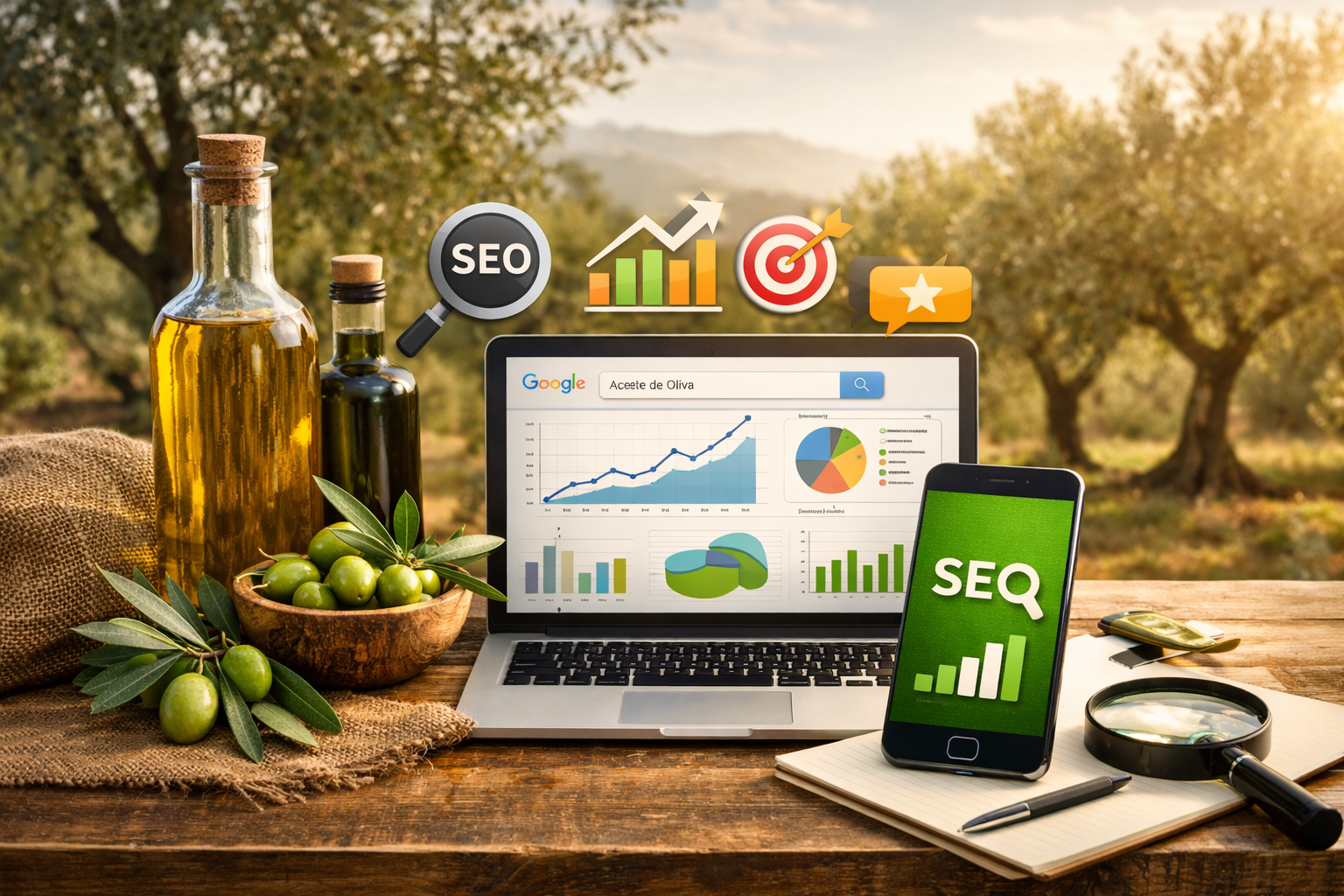 Imagen destacada sobre SEO para el sector oleícola, con botellas de aceite de oliva, aceitunas y dispositivos digitales en un entorno de olivar.