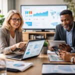 Equipo profesional del sector público y asociativo revisando una estrategia de marketing digital y posicionamiento SEO en una oficina moderna.