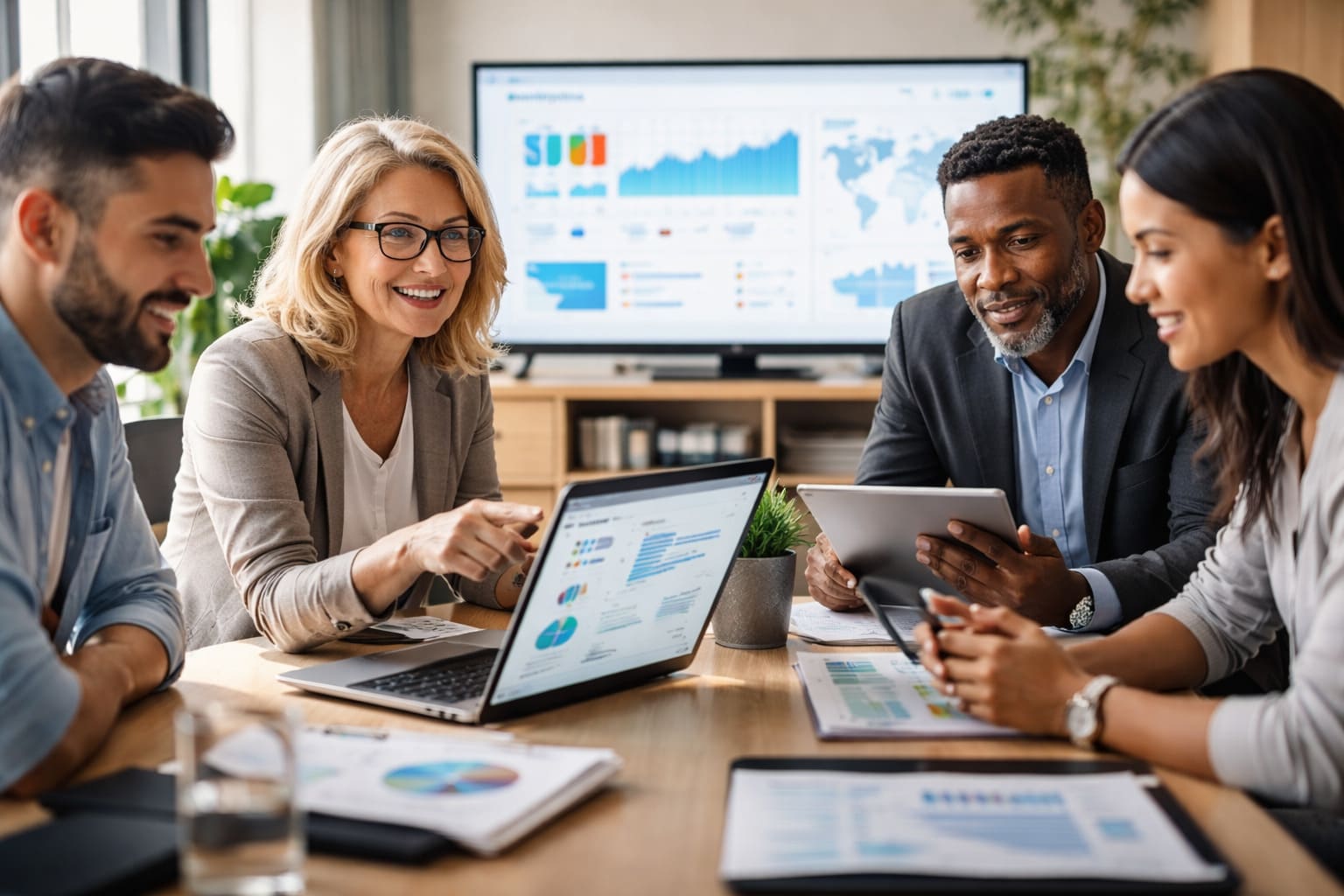 Equipo profesional del sector público y asociativo revisando una estrategia de marketing digital y posicionamiento SEO en una oficina moderna.