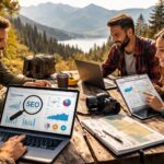Profesionales del sector turismo activo y experiencias planificando su estrategia SEO y marketing digital en un entorno natural