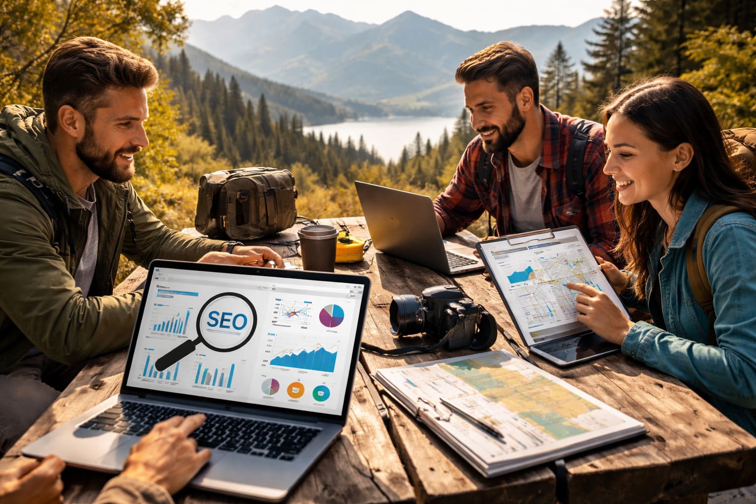 Profesionales del sector turismo activo y experiencias planificando su estrategia SEO y marketing digital en un entorno natural